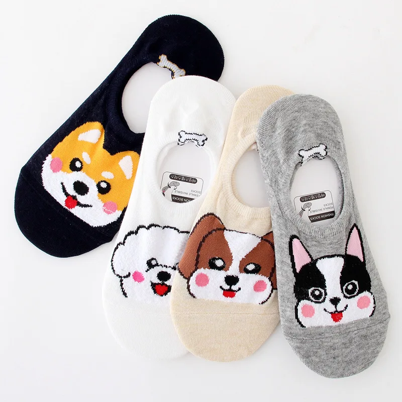 Милый женский в Корейском стиле, короткие носки, Kawaii, кошки и собаки, медведь, Мультяшные животные, невидимые нескользящие носки-башмачки для девочек
