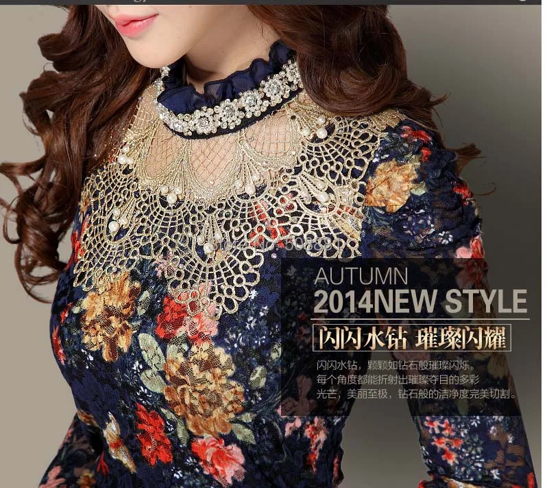 Осень винтажный кружево блузка цветок принт рабочий вышивка женщина офис