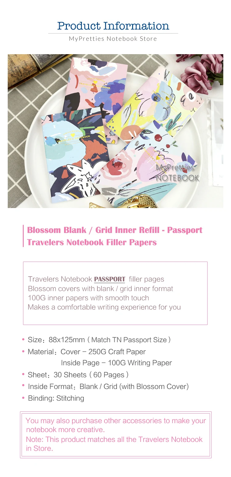MyPretties путешественников Тетрадь Бумага заправки паспорт для TN цветок Blossom пустой сетки наполнитель Бумага s Винтаж канцелярские