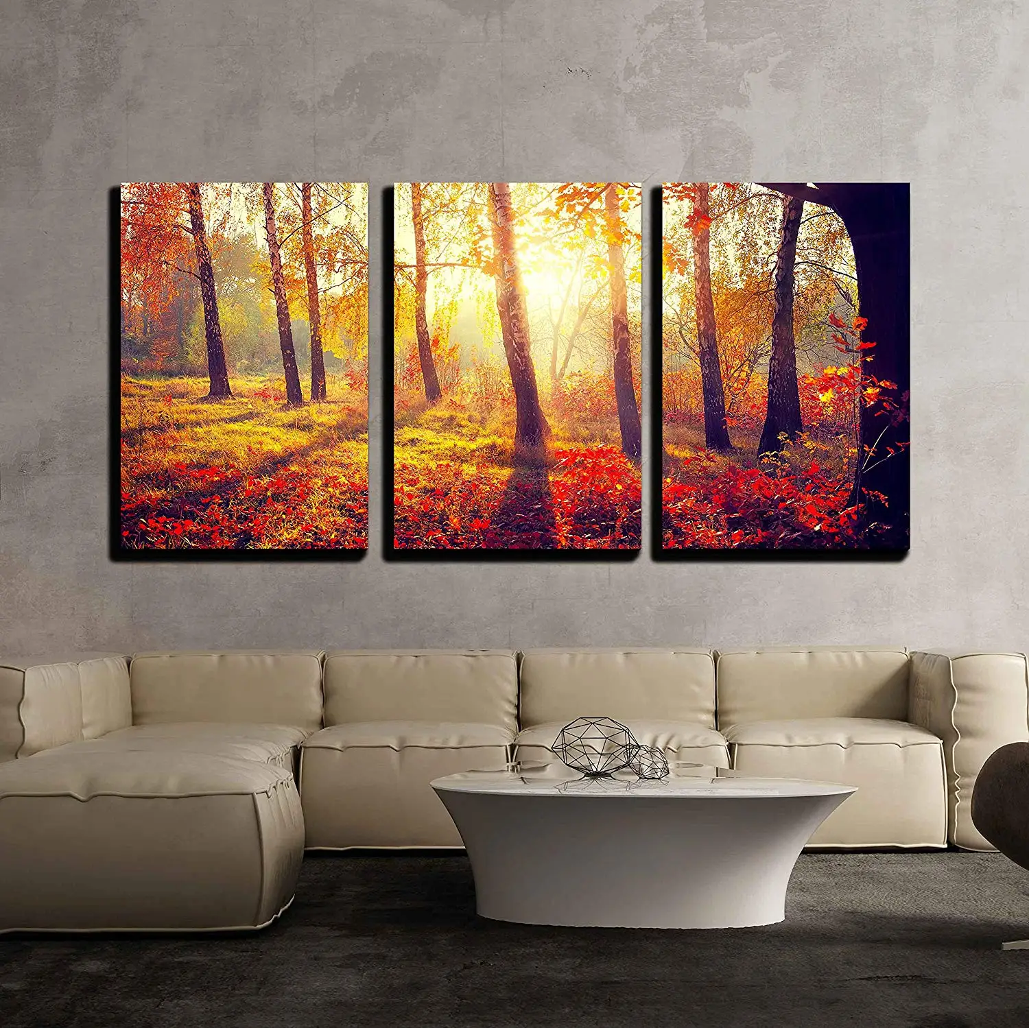 Панно из 3 частей осень. Падает. Осенние деревья в солнечных лучах Современный