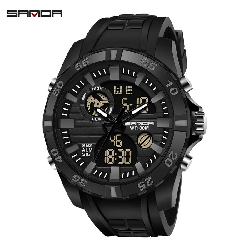 all black Sanda спортивные часы для мужчин открытый Будильник 30 м водонепроницаемый военный двойной дисплей силиконовый ремешок наручные часы Relogio Masculino - Цвет: all black