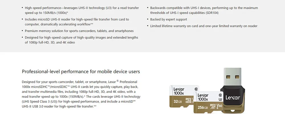 Lexar 150 МБ/с./с. 1000x Micro sd карта 32 Гб 64 Гб 128 ГБ для дрона спортивная видеокамера microsd 256 Гб карта памяти+ подарок кардридер UHS