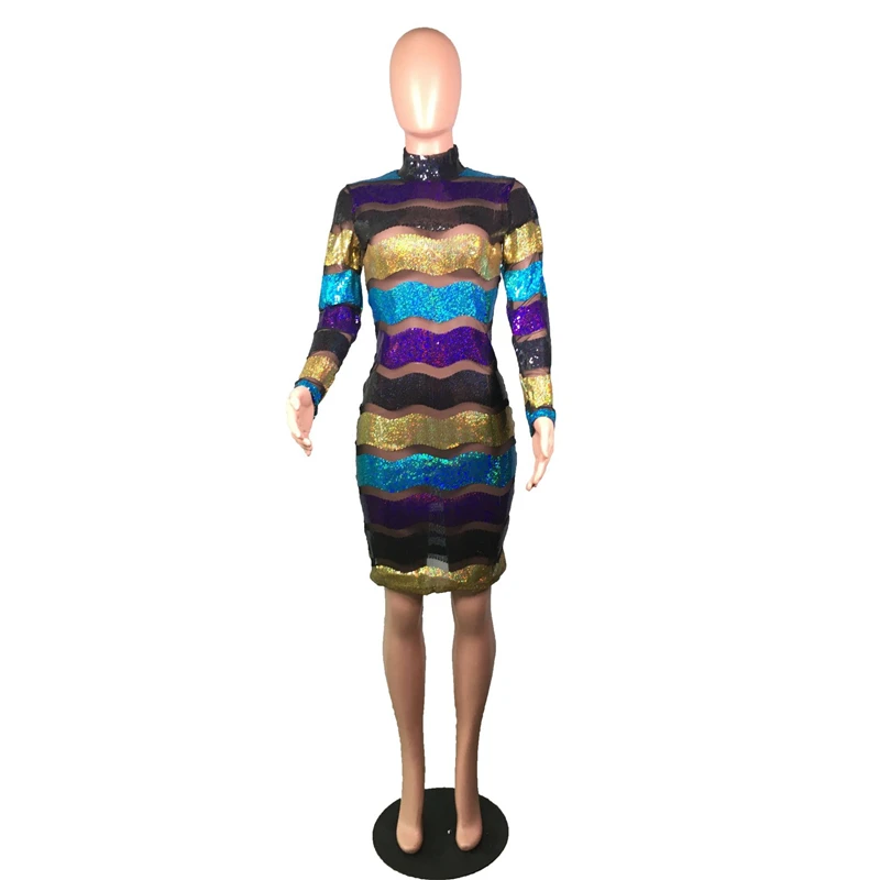 

Adogirl Sheer Mesh Patchwork Stripe Sequins Dress Long Sleeve Sheath Bodycon Mini Party Dress Sexy Night Club Costumes Vestidos
