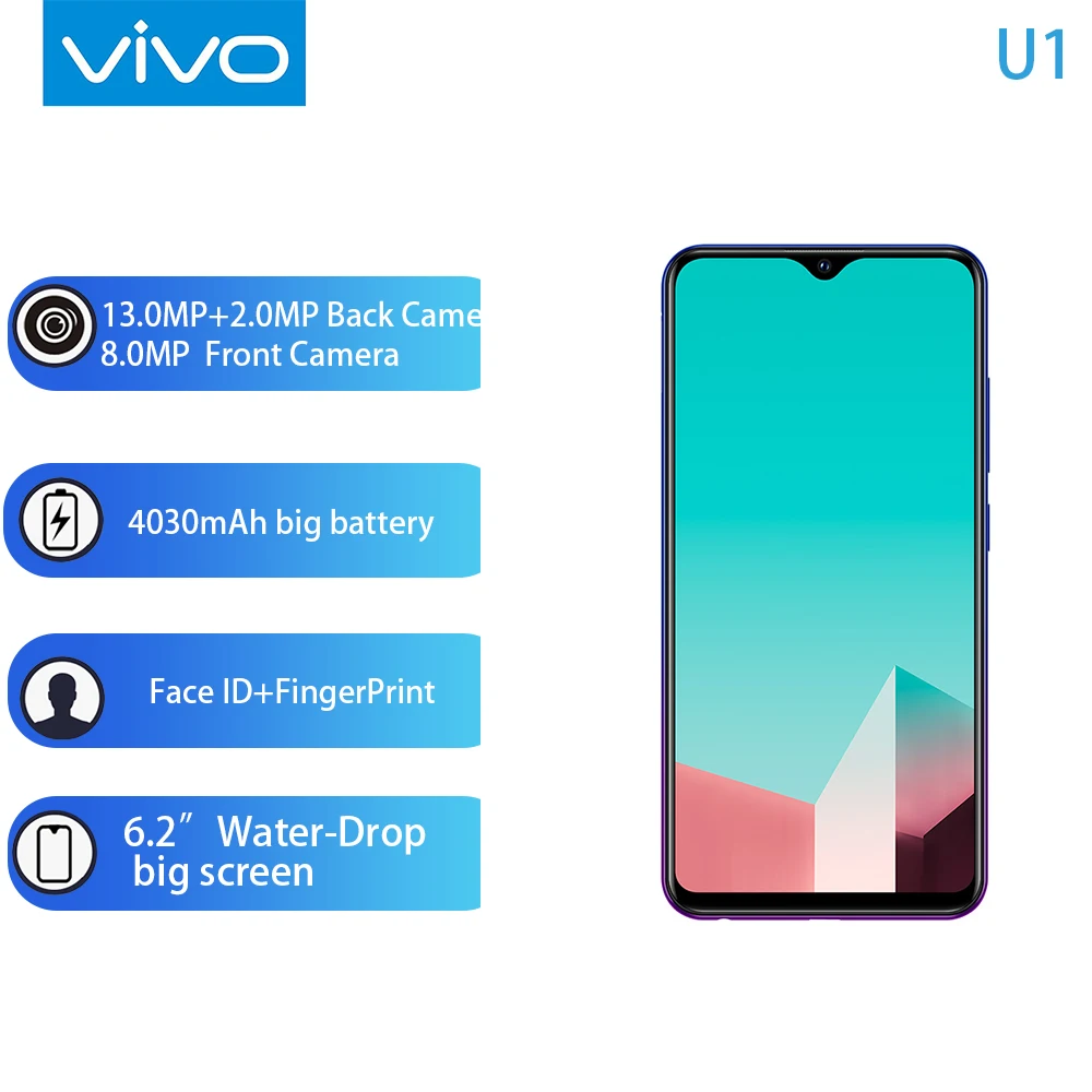 Vivo U1, мобильный телефон, 6,2 дюймов, экран, 3G ram, 32G rom, Восьмиядерный процессор Snapdragon439, Android 8,1, 4030 мА/ч, большая батарея, Face ID, смартфон