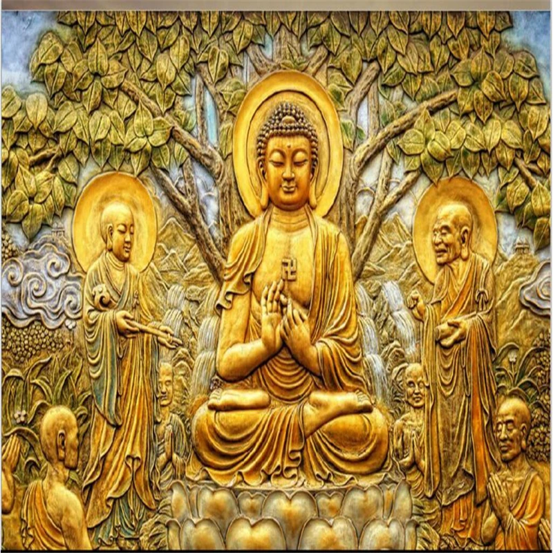 Большой заказ обои росписи Золотой рельеф Bodhi дерево Будда ТВ самоклеющиеся
