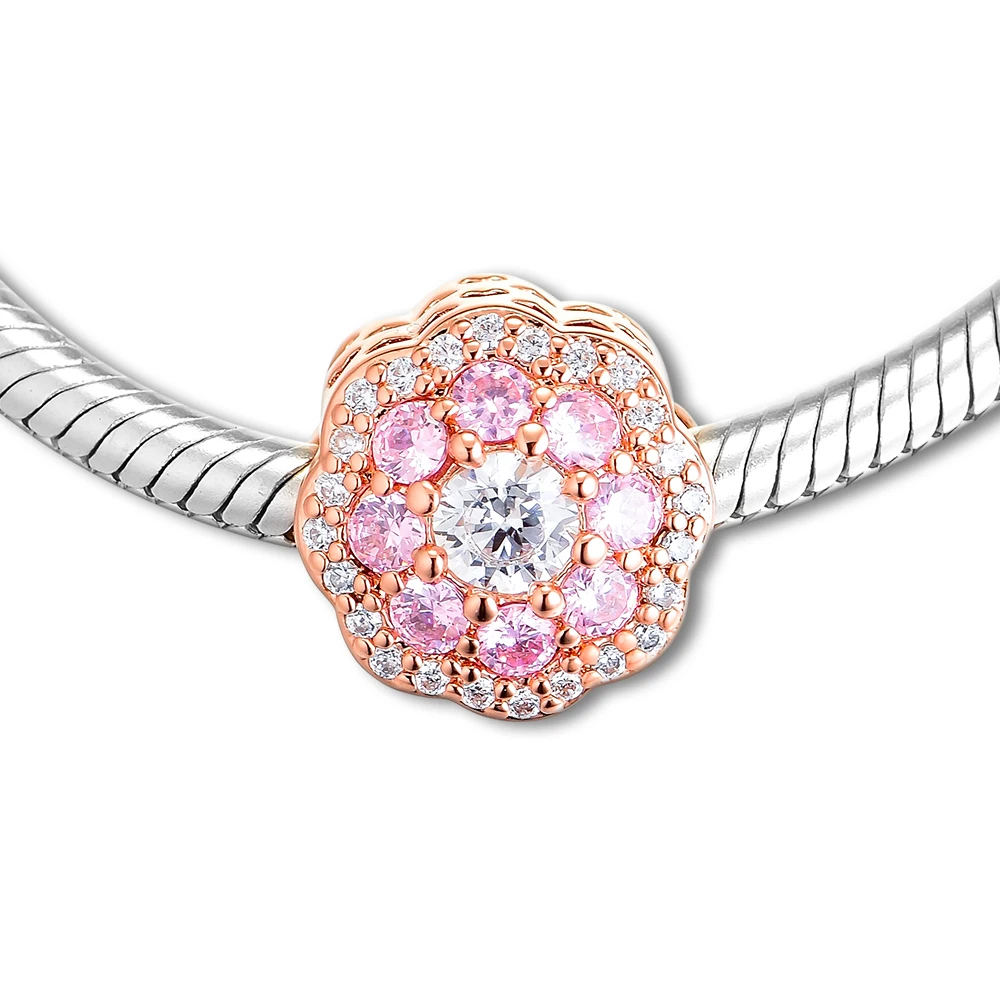 

Rose Pink Sparking Flower Charm Fits Original Snake Chain Silver Bracelets For Woman DIY Beads For Jewelry Making