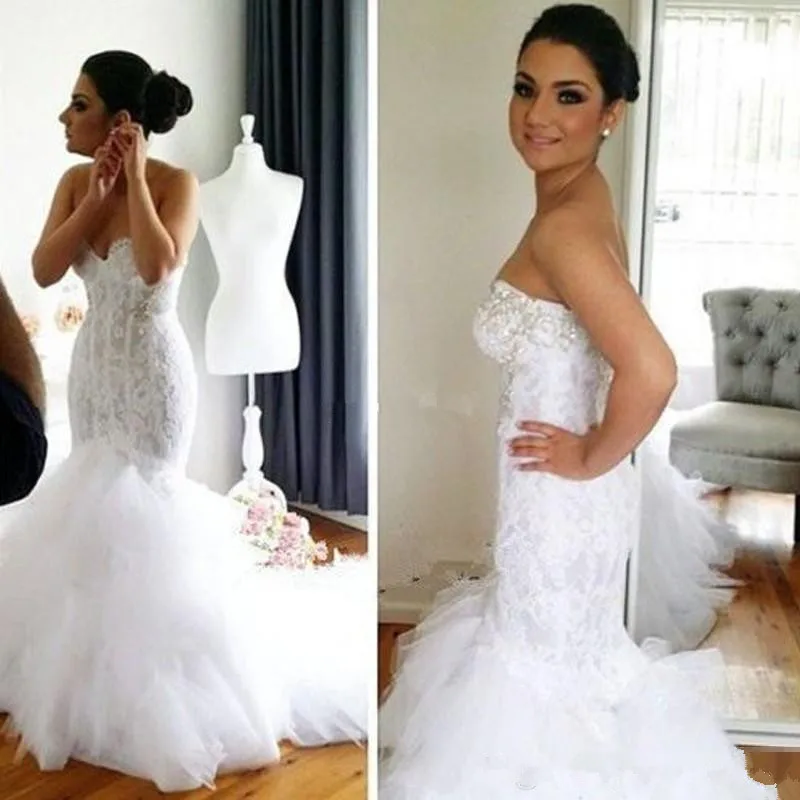 

Lace Mermaid Wedding Dresses Bling Crystals Sweetheart Backless Tiered Tulle Chapel Train Sexy Bridal Gowns for Spring