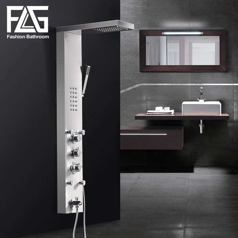 

FLG 304SUS Waterfall Rain Shower Faucets Nickel Brushed,Thermostatic Shower Panel With Hand Shower Tub Spout Tower Shower Column