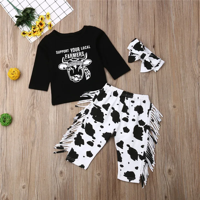 PUDCOCO Newborn Baby Girl Boy Cow Long Sleeve Tops T-Shirt Tassels Legging Pants Headband Outfits 3PCS Clothes Set 0-24M | Детская