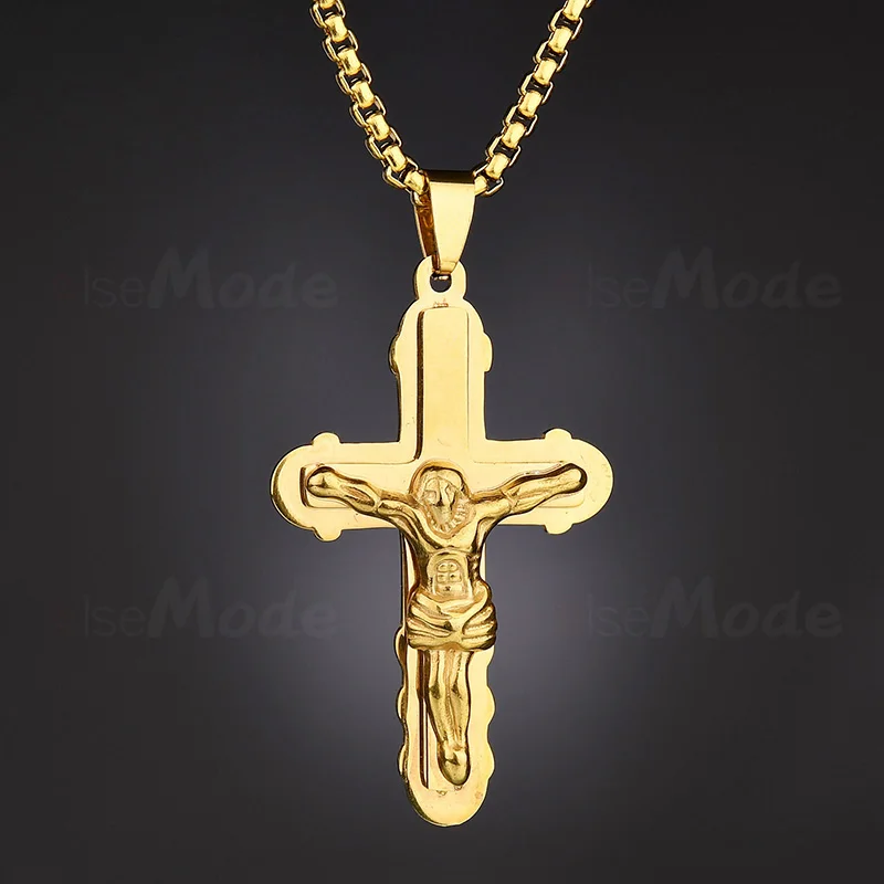 ELSEMODE Cross Necklace Crucifix Pendant Gold Color 316L Stainless Steel Catholic Chain Necklace&ampPendants for Men Jewelry Gift |