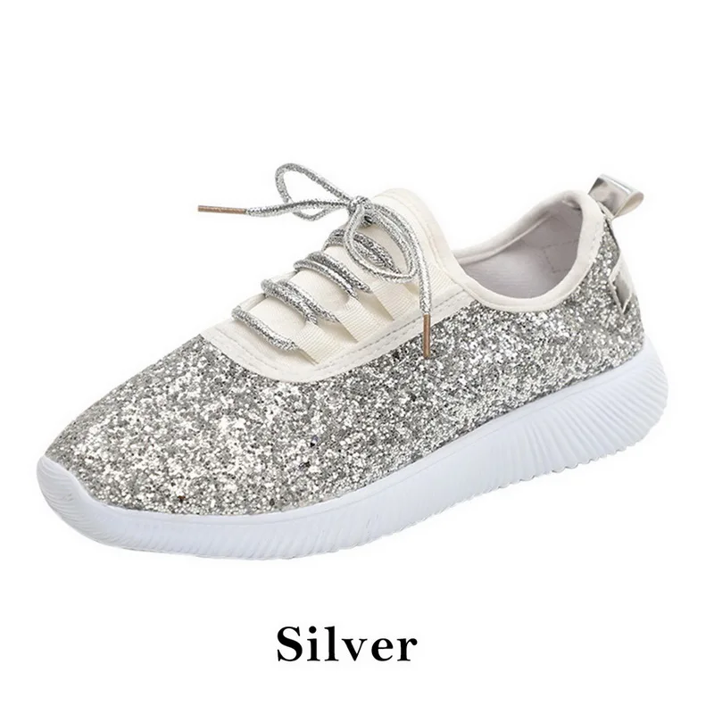 silver WENYUJH Vulcanized Shoes Women Casual Shoes Women Glitter Sneakers Bling White Sneakers Lace-up Sparkly Shoes zapatos mujer - Color: silver