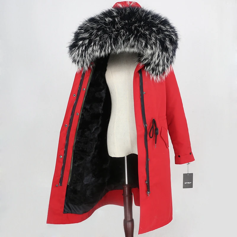 OFTBUY X-длинное пальто с натуральным мехом, зимняя куртка, Женская парка с натуральным мехом, подкладка из меха норки, воротник из меха енота и лисы, капюшон, теплая уличная одежда - Цвет: red black W