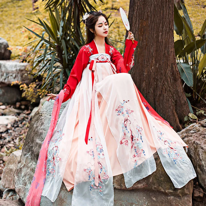 

Women Embroidery Hanfu Red Traditional Dance Costume Oriental Folk Stage Performance Clothes Festival Outfit Fairy Dress DF1005
