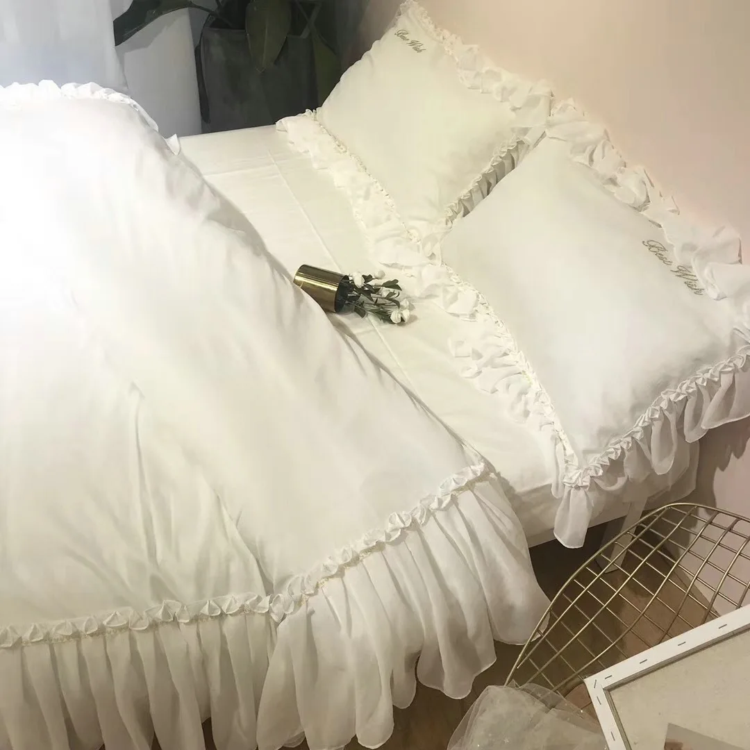 Korean version ruffled 60s long-staple cotton bedding white lace queen king quilt cover kit wedding set comforter sets | Дом и сад