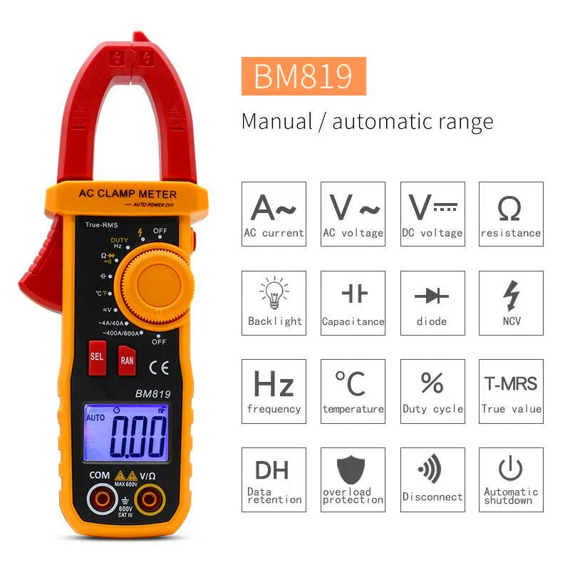 BM818 BM819 цифровой мультиметр Амперметр ACV/DCV/ACA Автоматический диапазон измерения большой емкости NCV цифровой клещи