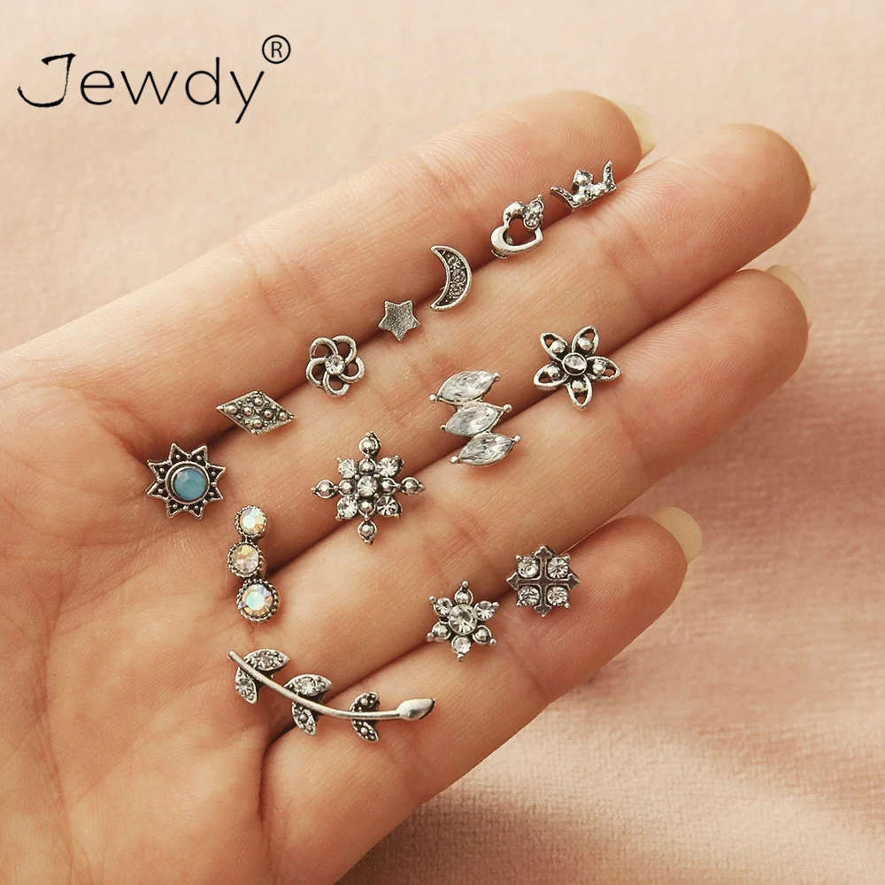 

14 Pcs/set Bohemian Moon Star Sun Heart Flower Crown Crystal Stud Earrings Set for Women 2020 Fashion Earring Boucle d'oreille