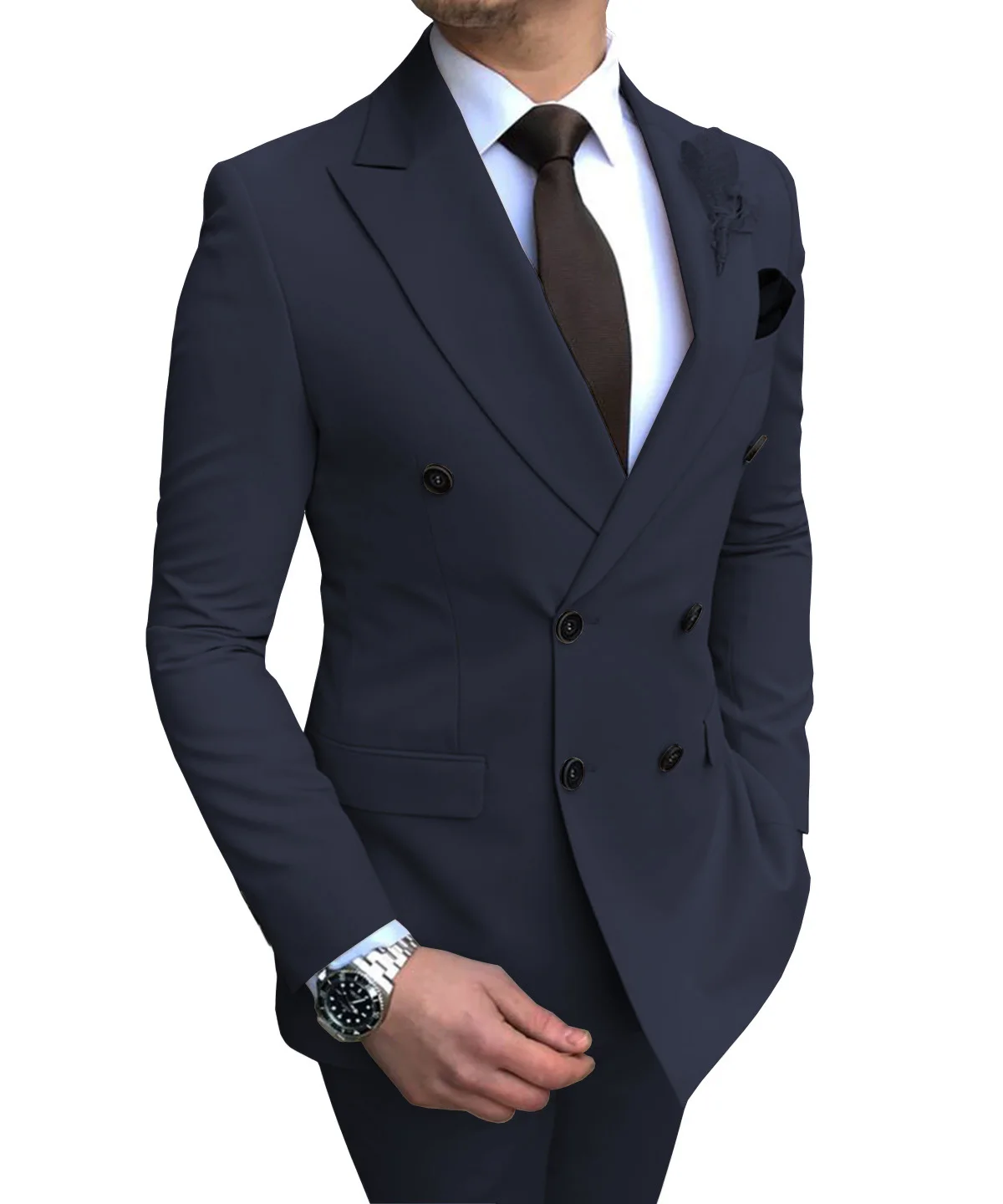 Navy Мужские костюмы, 2 предмета, двубортный, обычный крой, с отворотом, однотонный, для выпускного, смокинги, свадебные(Блейзер+ брюки - Цвет: Navy