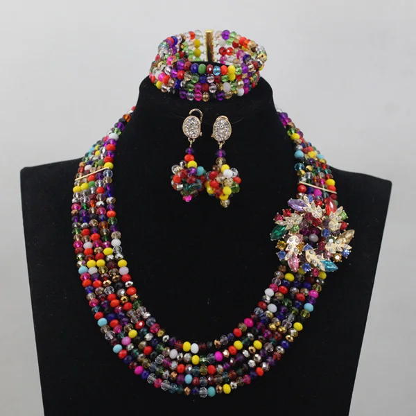 Комплект из колье и серёг с кристаллами 5 рядов|necklace set|beaded jewelry setbridal necklace set |