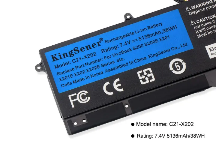 KingSener C21-X202 Аккумулятор для ноутбука Asus VivoBook S200 S200E X201 X201E X202 X202E S200E-CT209H S200E-CT182H S200E-CT1 5136 мА-ч