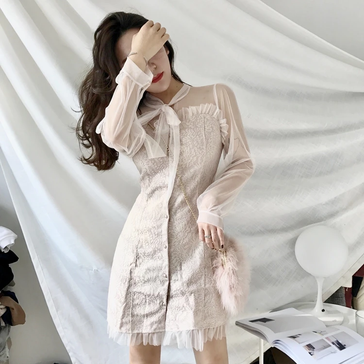 2018 женское элегантное кружевное платье с бантом летнее прозрачное Сетчатое в