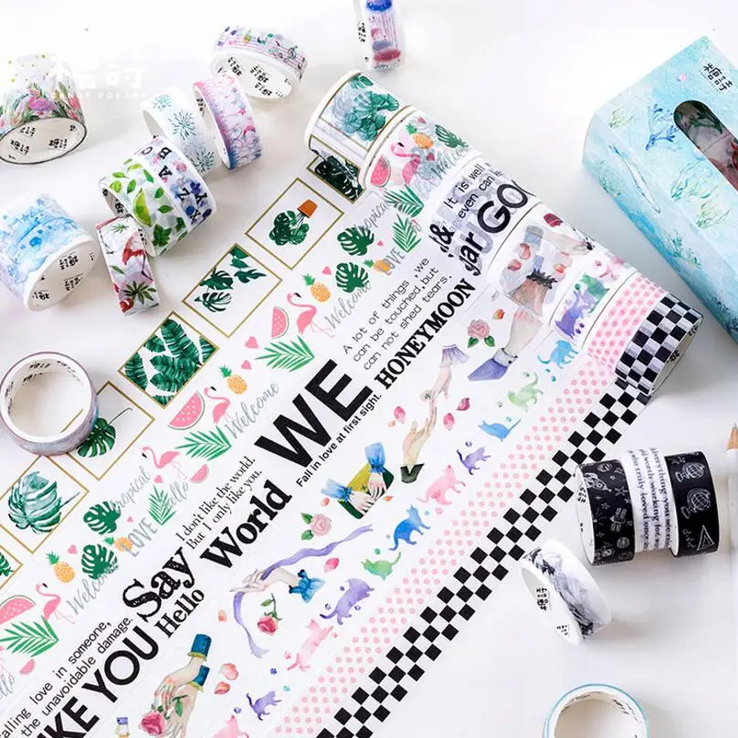 10 Pcs/lot Decorative Paper Plants and Pink Flamingo Washi Tape Set Japanese Stationery Kawaii Scrapbooking Supplies Stickers | Канцтовары