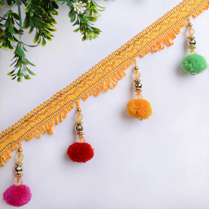 

YOYUE 12 yards/lot 9.5cm width Lace Hanging Ball Spike Tassel Curtain Fabric Art Decoration Diy Decoration Fabric Panicle Pearls