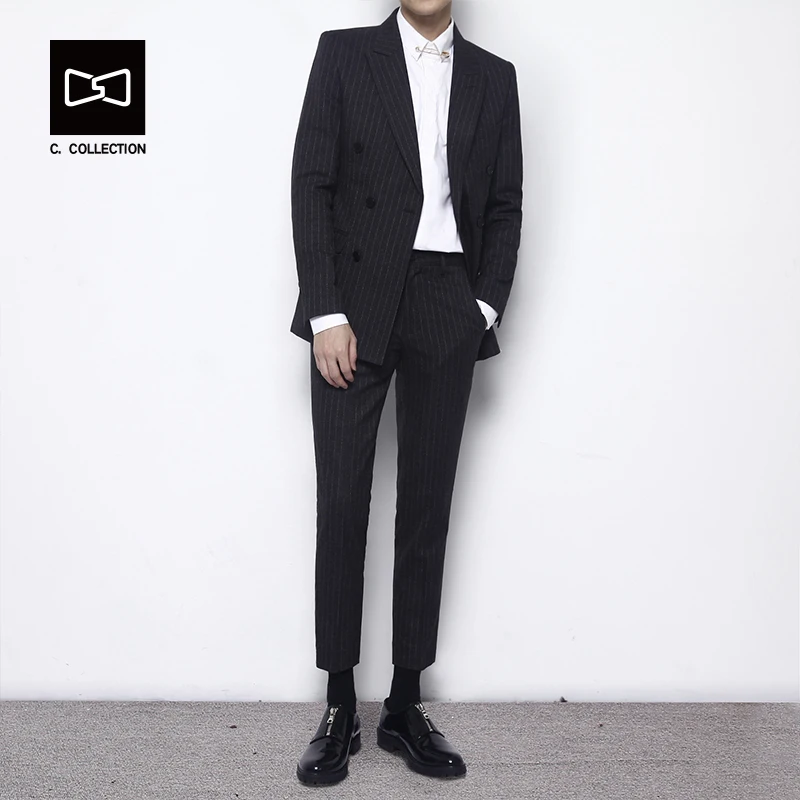 Для мужчин костюм в полоску мода двубортный пиджак Slim Fit Свадебный жениха Блейзер