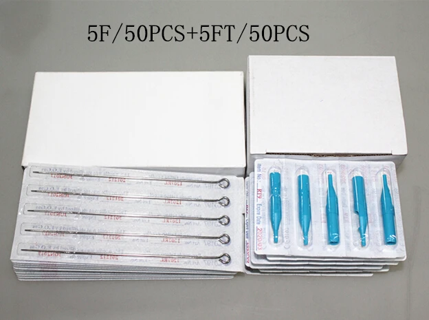 YILONG(5F+ 5FT) 50 шт одноразовые стерильные иглы татуировки+ 50 шт синие одноразовые татуировки Советы иглы татуировки продукт