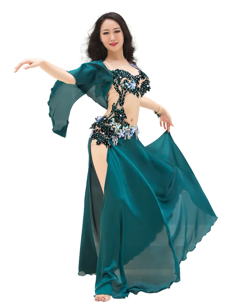 Женский костюм для танца живота с длинной юбкой и бюстгальтером со стразами QC3056