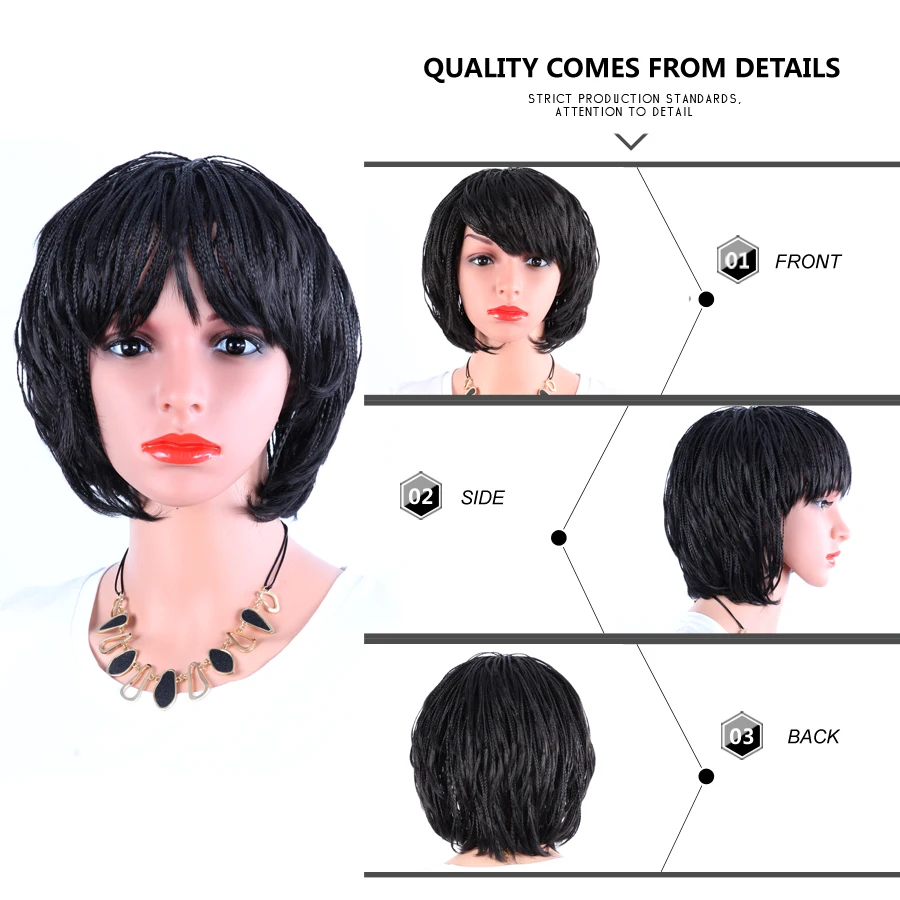 Leeons Natural Black Braided Wigs With Bangs Summer Short Wig For Women Box Braid African Wig Heat Resistant Synthetic Fiber