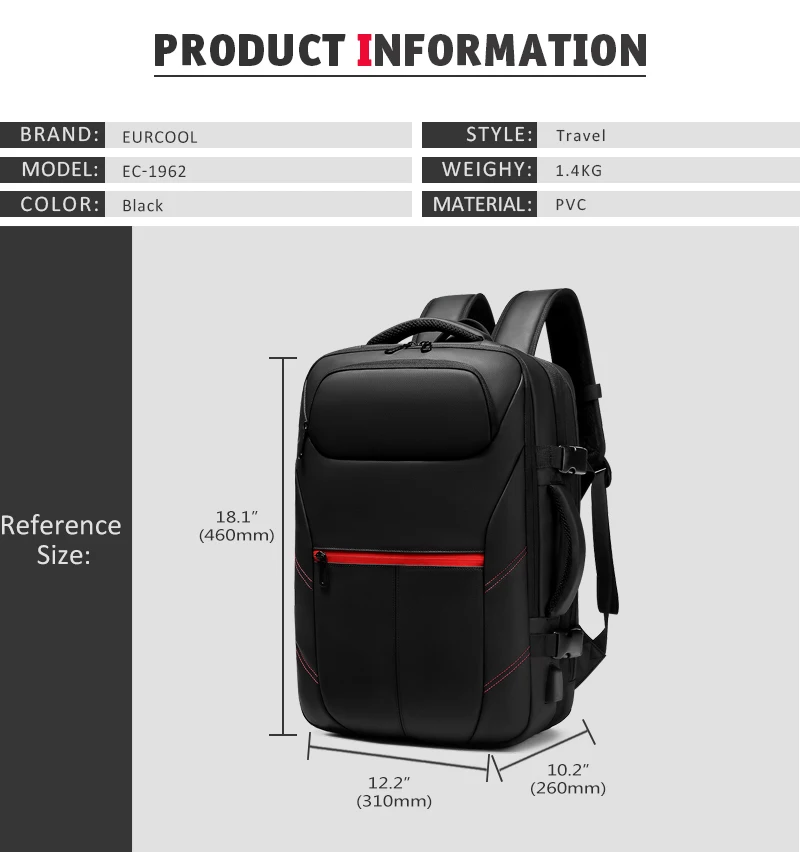 EURCOOL путешествия рюкзак большой Ёмкость мужской Mochila Расширяемый Рюкзак с зарядка через usb ноутбук рюкзак Водонепроницаемый n1962