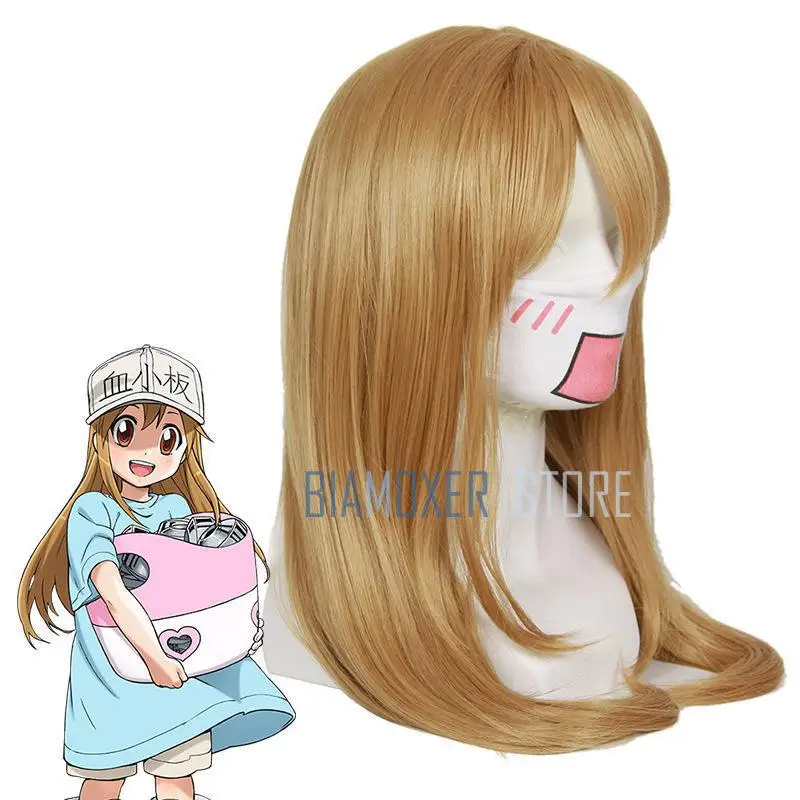 Biamoxer Anime Hataraku Saibou Platelet Cosplay Wigs Cells At Work Long Straight Flaxen Synthetic Hair Wig + Cap |