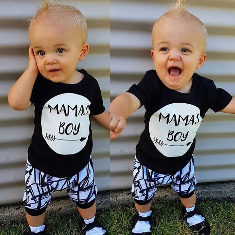 0-24M New Born Baby Clothes 2pcs Set Black Letter Print Tshirt For Boys White Stripe Pants Legging Newborn |