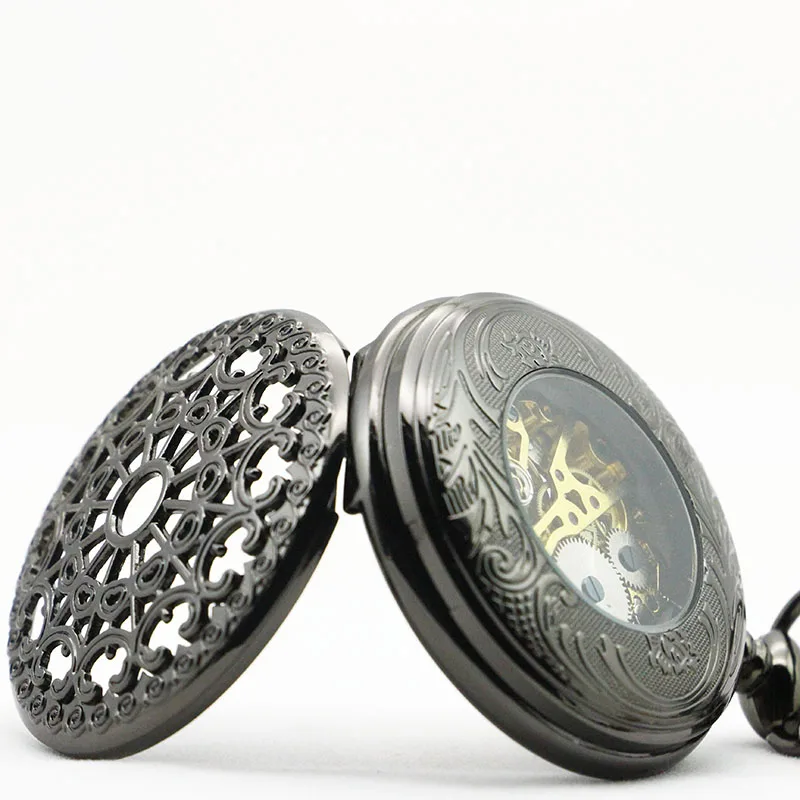Antique Black Spider Hollow Pattern Mechanical Pocket Watch Retro Steampunk Manual Clockwork Gentleman Fob Chain Watch Gift