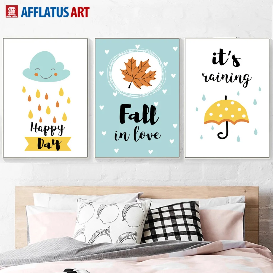 

Cloud Umbrella Maple Leaf Quotes Wall At Canvas Painting Cartoon Nordic Posters And Prints Wall Pictures For Kids Room Decor