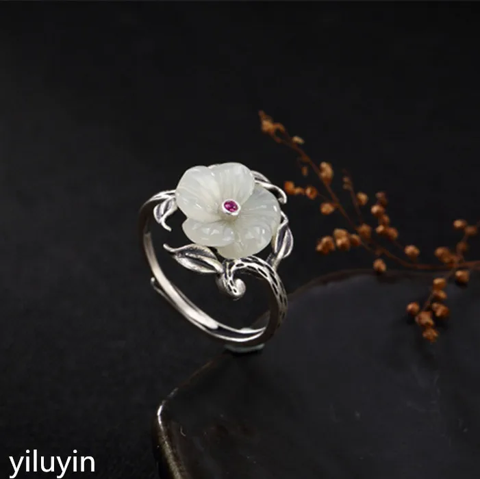 KJJEAXCMY Boutique jewelry S925 Sterling Silver Antique inlay and jade white plum blossom lady high-end open ring | Украшения и