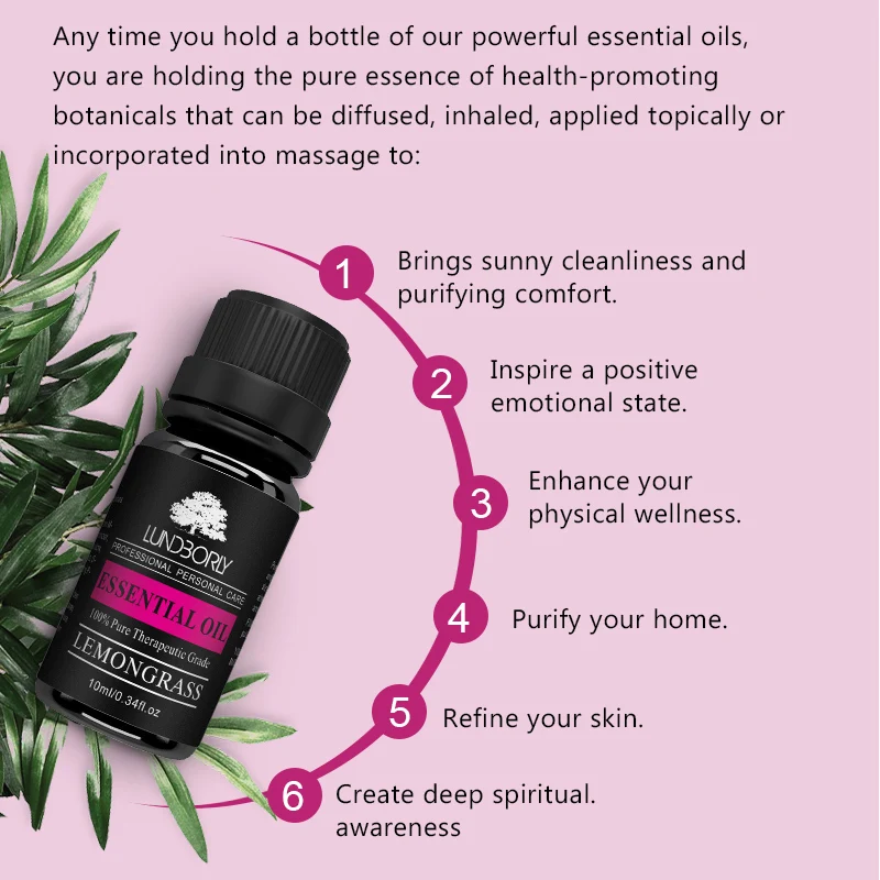 Lundborly Lemongrass Essential Oils 100% Pure Natural 10ml Organic Body Relieve Stress Oil Skin Care Help Sleep massage oil | Красота и