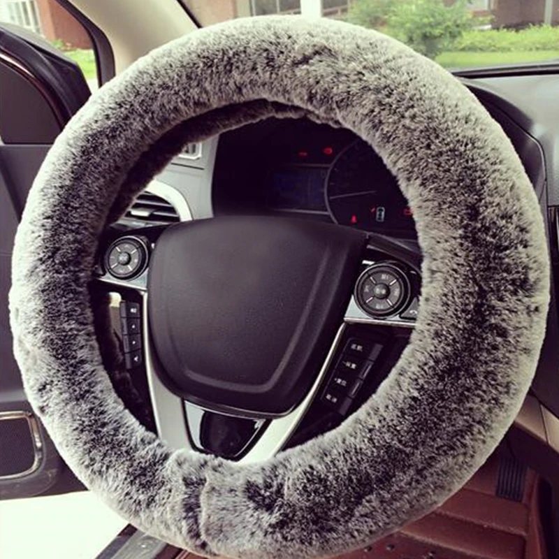 Faux Rabbit Fur Car Steering Wheel Cover Black With Grey Winter Essential Universal Furry Fluffy Thick