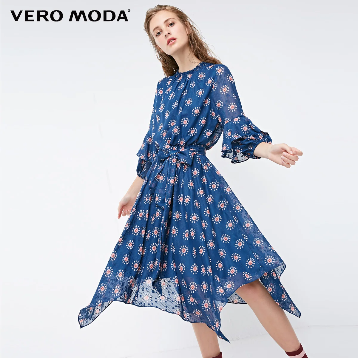 Vero Moda Новая женская печатная эластичная декольте 3/4 рукава на шнуровке платье | 31847C509 - Цвет: Midnight blue