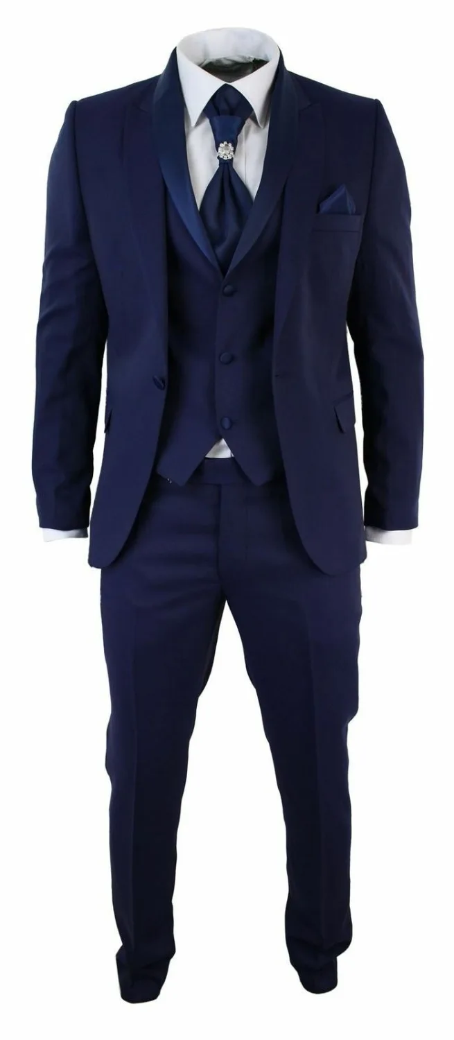 

Men's 3 Pieces Classic Tweed Navy Blue Slim Fit Vintage Suit 40 42 44 46+ Custom