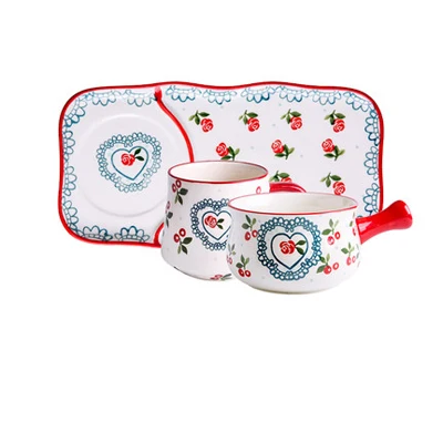 A 3-piece set Керамическое блюдо, японская посуда для завтрака, набор столовых приборов, посуда для одного человека, креативная Милая вишневая тарелка для завтрака, миска для овсяной каши - Цвет: A 3-piece set