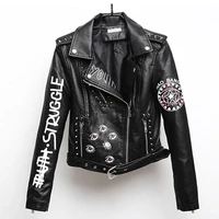 women printed letters pu leather jacket biker moto black faux jacket female pattern black rivet hip hop short zipper coat py21