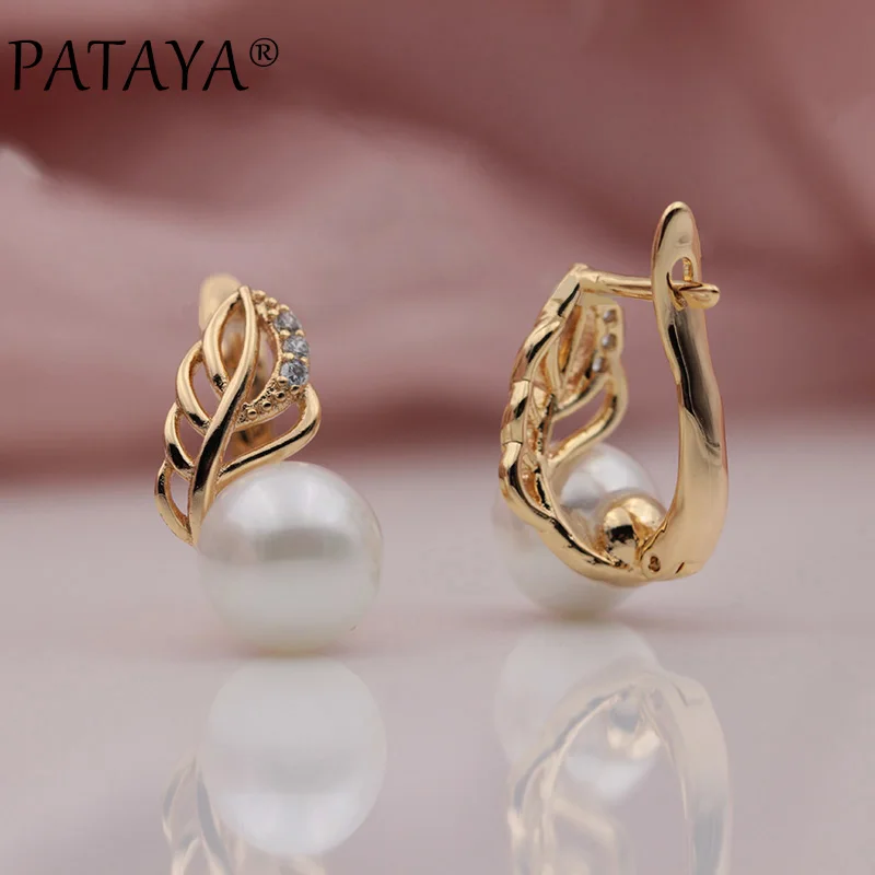 PATAYA, новинка 585, розовое золото, микро-воск, инкрустация, натуральный циркон, белый жемчуг из морской раковины, висячие серьги для женщин, свадебные украшения в виде листьев
