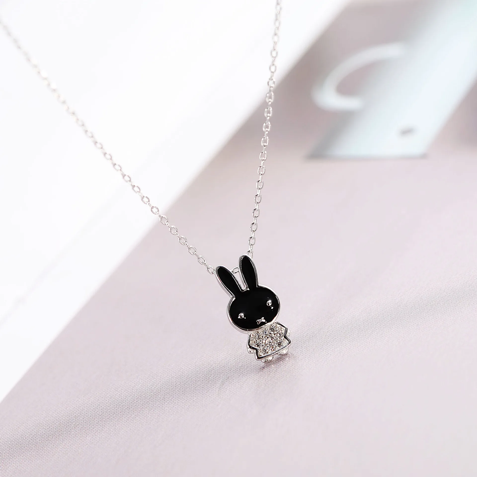 Женское Ожерелье с милым кроликом и глазурью 100% Стерлинговое Серебро 925 пробы