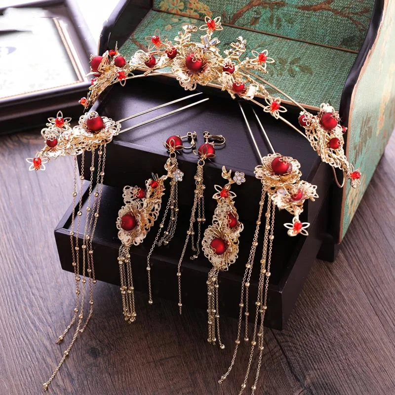 

Bride's Chinese style red tiara earrings tassel crown hair wear wedding hair accessories
