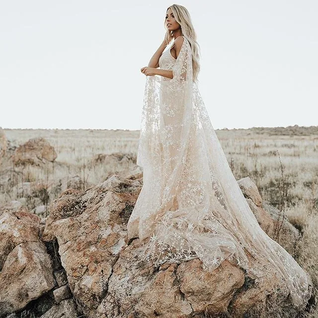 Винтажное богемное пляжное свадебное платье, звездное кружево, Vestido De Noiva, сексуальное кружевное платье с открытой спиной и разрезом спереди, свадебные платья