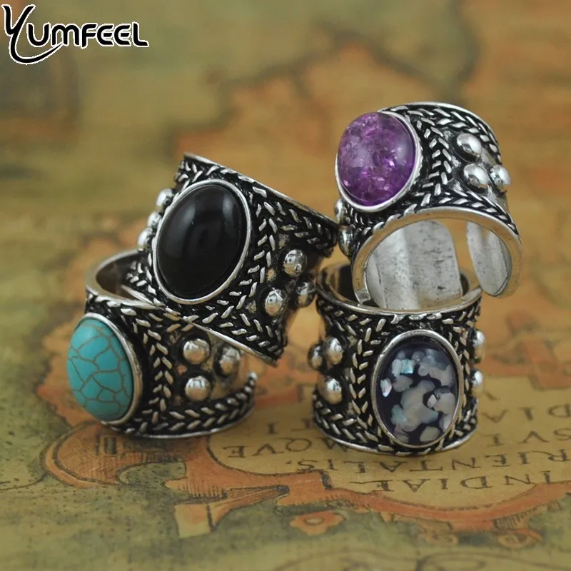 Женское Винтажное кольцо Yumfeel черное с бусинами и манжетами в богемном стиле