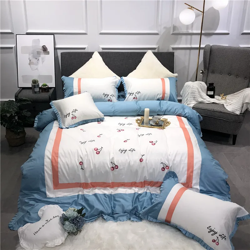 

White,green luxury bedding set queen/king size stain bed set 4pcs cotton Palace embroidery Embroidery duvet cover bed sheet set