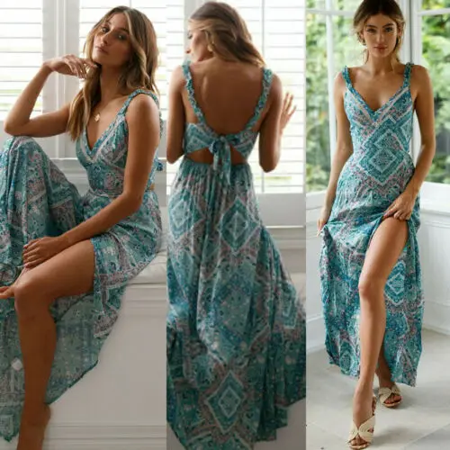 Сексуальные женщины Лето в стиле бохо Макси платье вечернее коктейльное пляжное