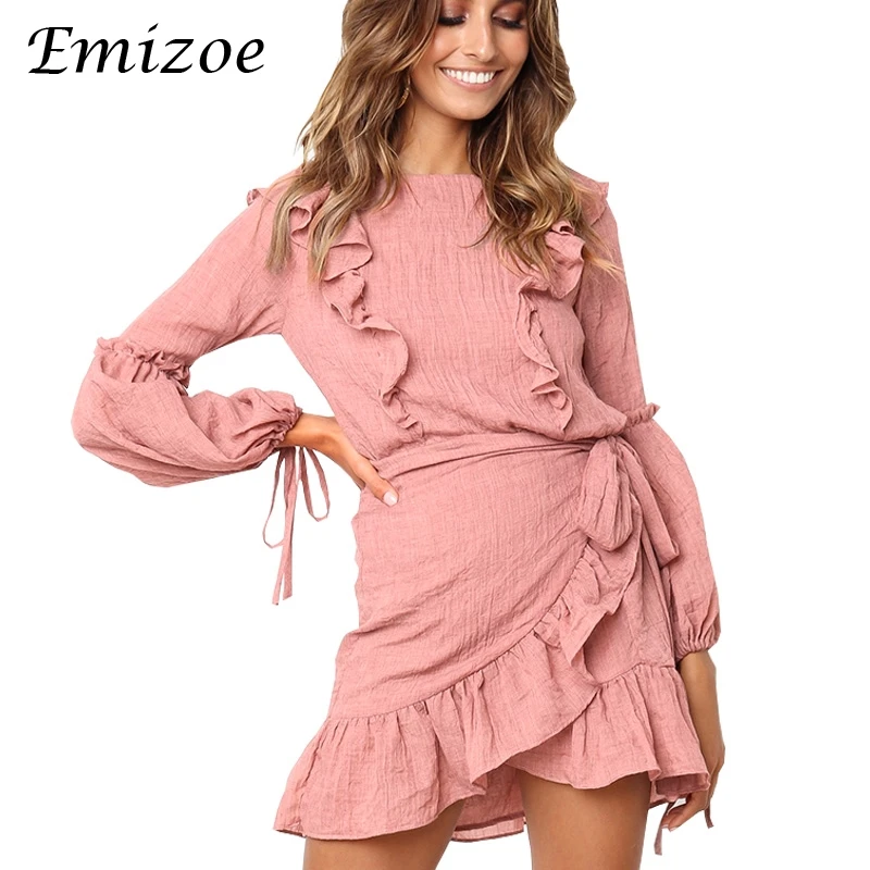 Emizoe Ruffle wrap короткое платье женские 2018 осенью новый розовый Мини вечернее